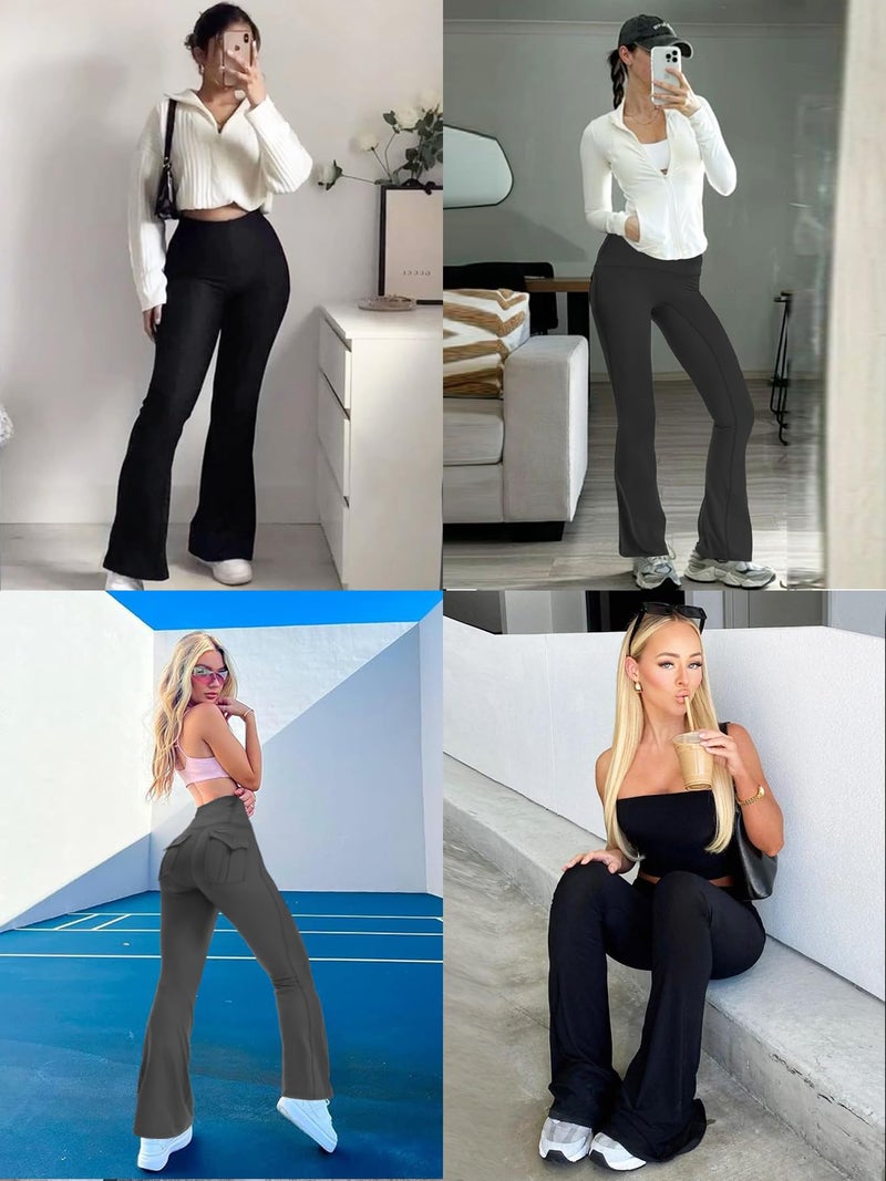 HiBwoBwo Women's Flare Leggings with Pockets High Waisted Butt Lifting No Front Seam Tummy Control Bootcut Yoga Pants for Women Black - Image 3