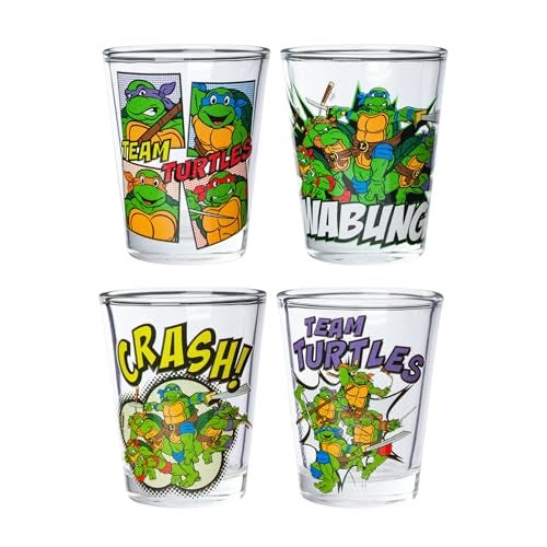 Silver Buffalo Teenage Mutant Ninja Turtles TMNT Featuring Leonardo Rapheal Donatello and Michelangelo 4 Pack Mini Glass Set 15 Ounces - Image 1