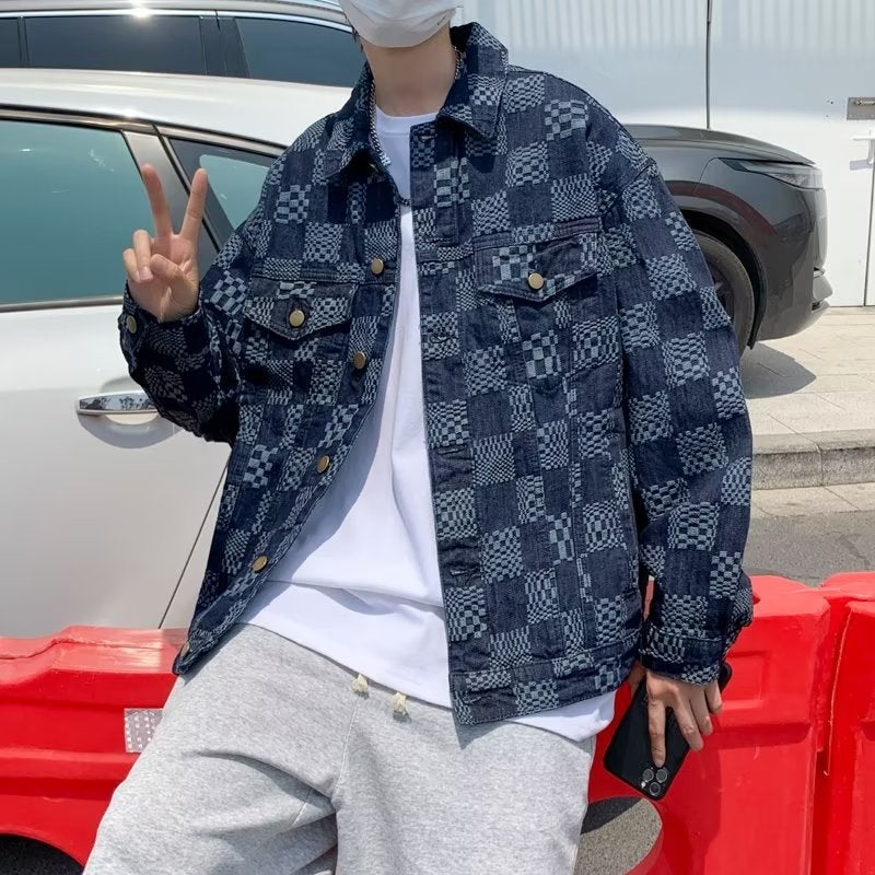 Black Chessboard Plaid Jacket Mens Autumn Fashion Brand Retro Japanese Style Loose Fashionable Shirt Top Denim Jacket Mens Blue 