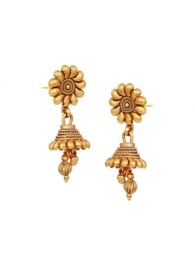 JFL Womens-Jewellery For Less Traditional One Gram Gold Plated Long Haram Temple Jewellery Floral Necklace Set With Jhumka,Valentine - Image 3