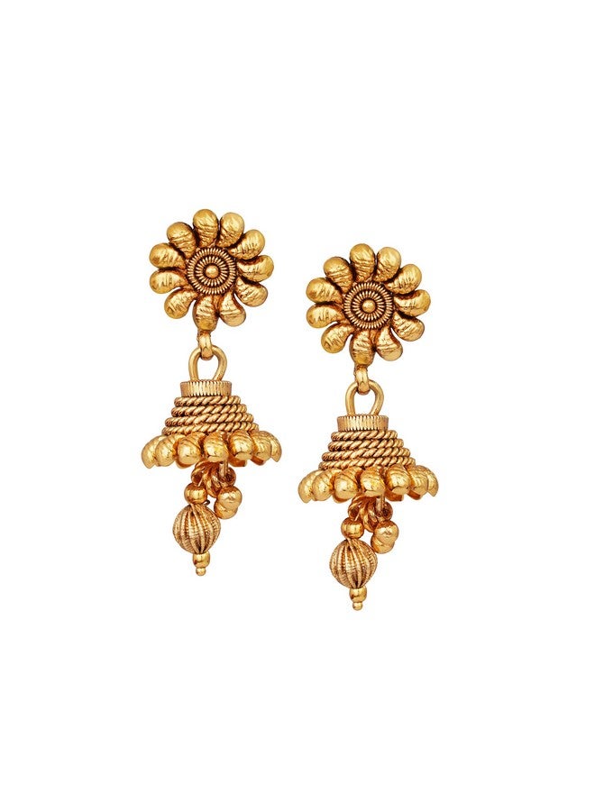 JFL Womens-Jewellery For Less Traditional One Gram Gold Plated Long Haram Temple Jewellery Floral Necklace Set With Jhumka,Valentine - Image 5