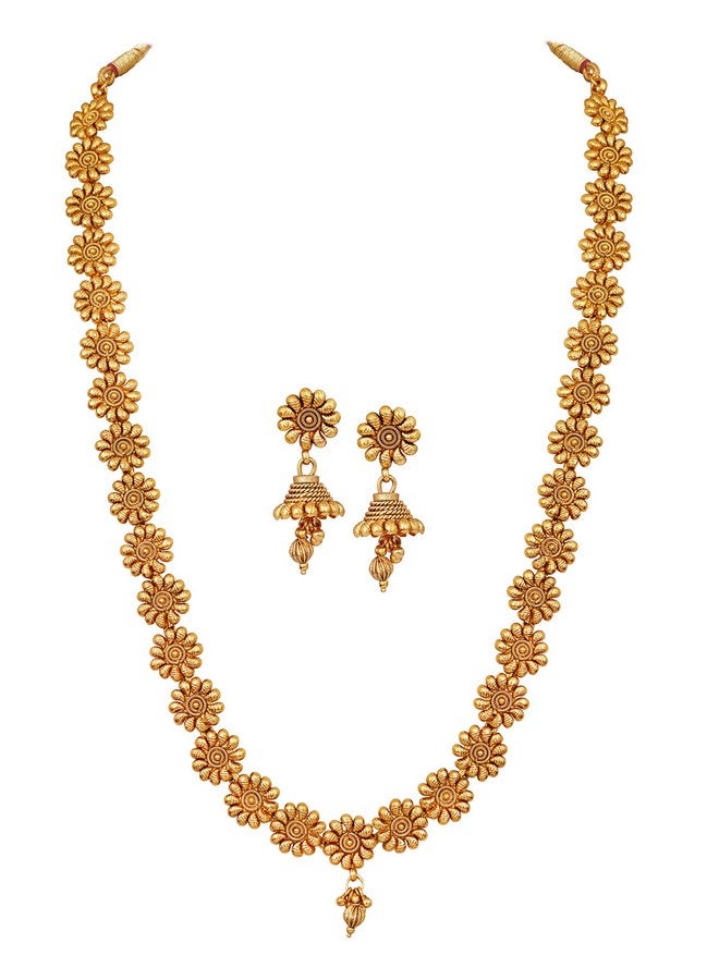 JFL Womens-Jewellery For Less Traditional One Gram Gold Plated Long Haram Temple Jewellery Floral Necklace Set With Jhumka,Valentine - Image 1