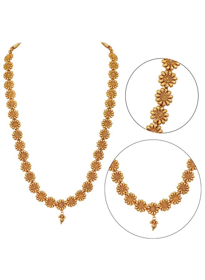 JFL Womens-Jewellery For Less Traditional One Gram Gold Plated Long Haram Temple Jewellery Floral Necklace Set With Jhumka,Valentine - Image 2