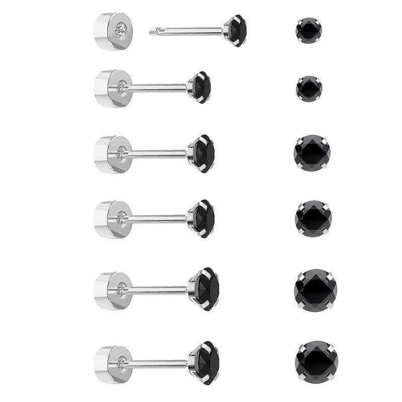 Yetonload Women's Hypoallergenic Stainless Steel Cubic Zirconia Earrings Studs Set Multi-Pack, CZ Stud Earrings for Men 5 pairs 4-8mm, Titanium Stainless Steel Cubic Zirconia, black diamond - Image 1