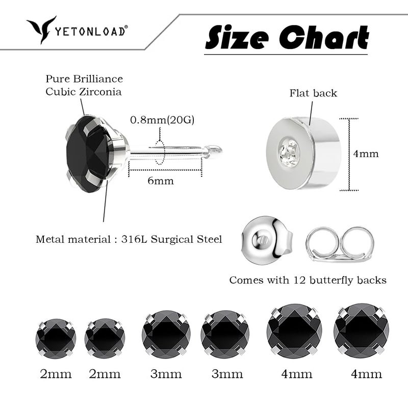 Yetonload Women's Hypoallergenic Stainless Steel Cubic Zirconia Earrings Studs Set Multi-Pack, CZ Stud Earrings for Men 5 pairs 4-8mm, Titanium Stainless Steel Cubic Zirconia, black diamond - Image 2