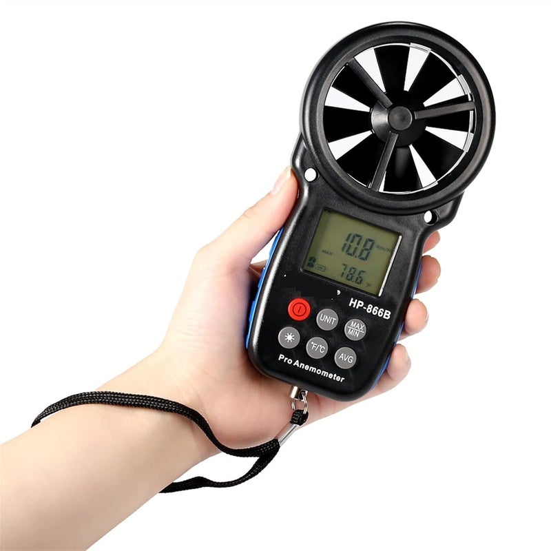 جهاز قياس سرعة الرياح الرقمي HP-866B، مقياس درجة الحرارة، جهاز قياس سرعة الرياح الصغير، يقيس سرعة الرياح وسرعة تدفق الهواء، حساس الرياح، سرعة الرياح تتراوح بين 0-30 م/ث - Image 1