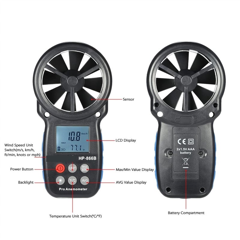 جهاز قياس سرعة الرياح الرقمي HP-866B، مقياس درجة الحرارة، جهاز قياس سرعة الرياح الصغير، يقيس سرعة الرياح وسرعة تدفق الهواء، حساس الرياح، سرعة الرياح تتراوح بين 0-30 م/ث - Image 4