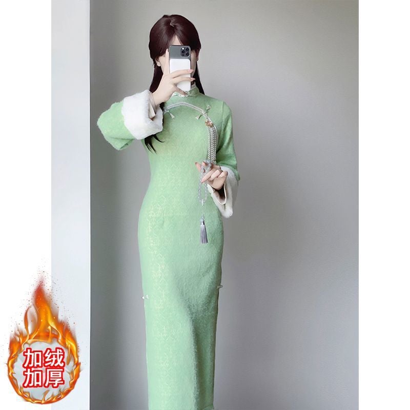 Republic Of China Style Retro New Chinese Cheongsam Improved Super Fairy Daily Wear Fake Two-Piece Velvet Thickened 2023 - Image 1