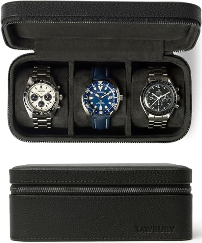 TAWBURY 3 Watch Case for Men Luxury Leather Watch Travel Case for Men Black Watch Cases for Men Travel Traveling Watch Holder for Men Black Watch Roll Case 3 Watch Box for Men Travel - Image 1