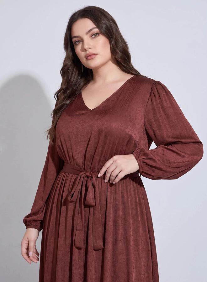 Styli Plus Size Rust Solid Tie-Up Waist Satin A-Line Maxi Dress - Image 3