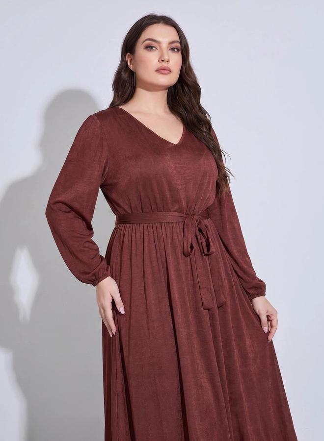 Styli Plus Size Rust Solid Tie-Up Waist Satin A-Line Maxi Dress - Image 2