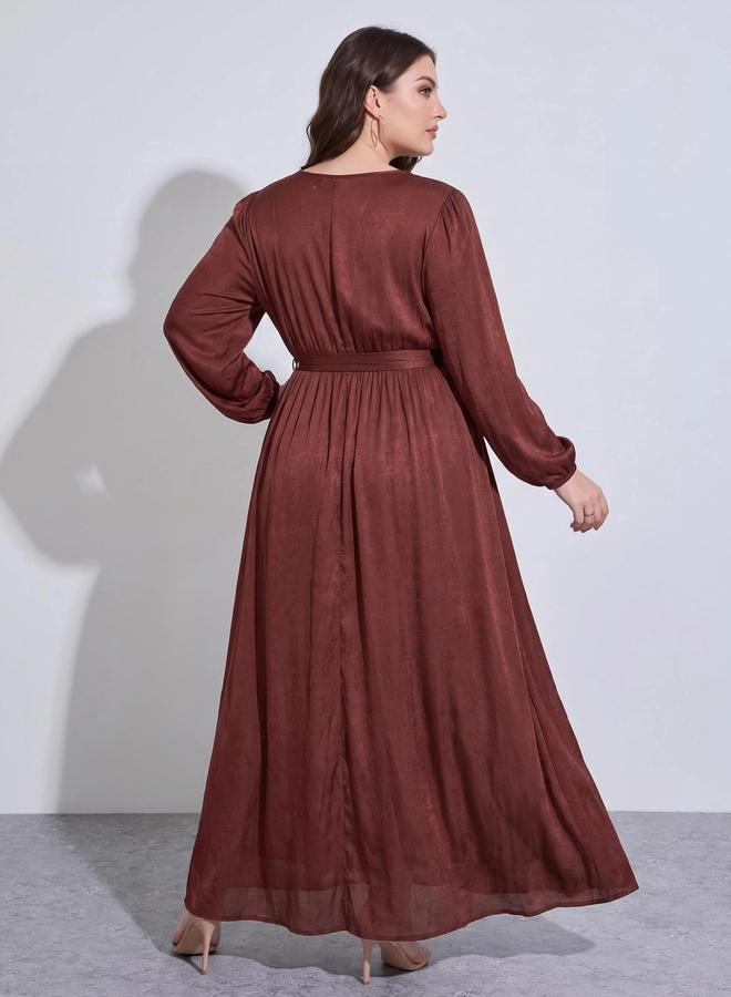 Styli Plus Size Rust Solid Tie-Up Waist Satin A-Line Maxi Dress - Image 4
