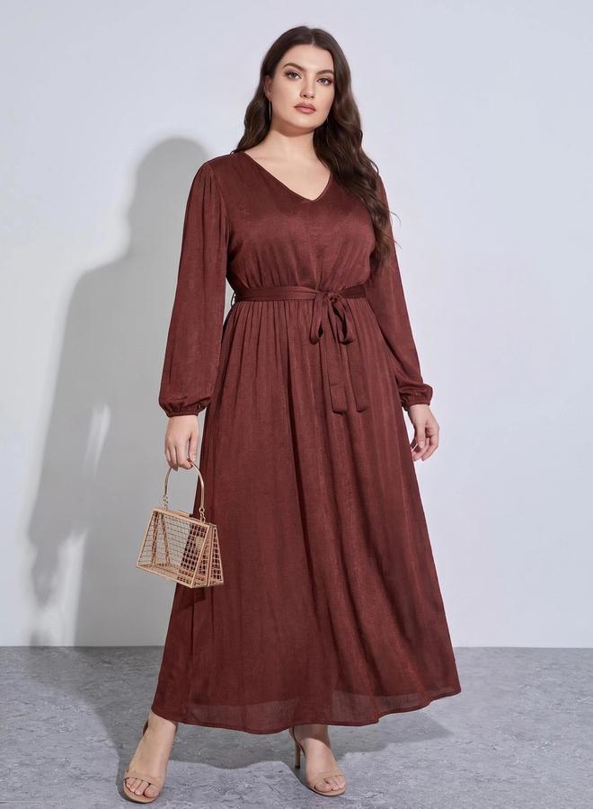 Styli Plus Size Rust Solid Tie-Up Waist Satin A-Line Maxi Dress - Image 1