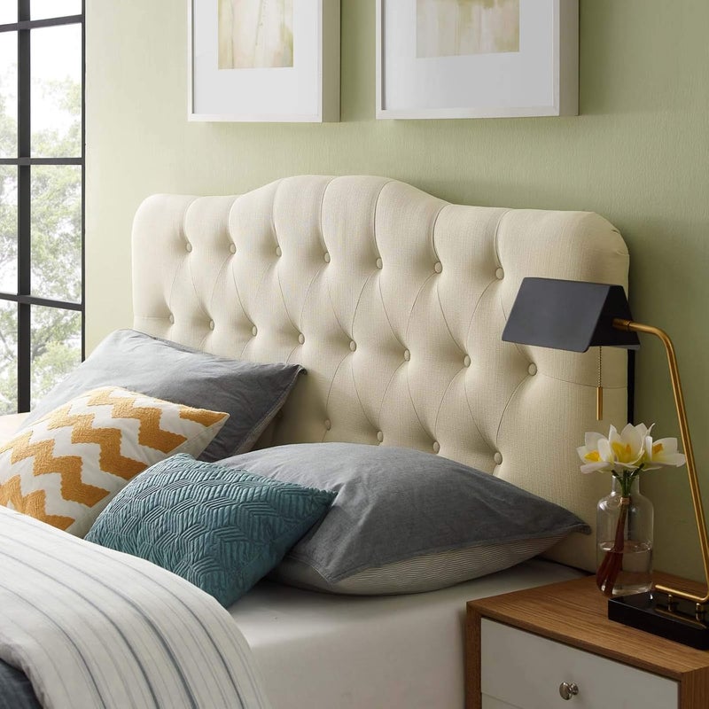 Modway Annabel Tufted Button Linen Fabric Upholstered Queen Headboard in Ivory - Image 1