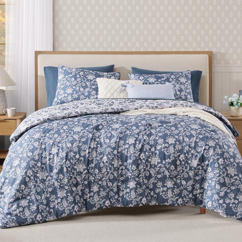 BLOOMHAVEN Queen Comforter Set -7 Pieces Floral Oxford Blue Comforter Set for All Seasons, Bed in a Bag Queen with Botanical Flowers Comforter, Sheets, Pillowcases & Shams - Image 1