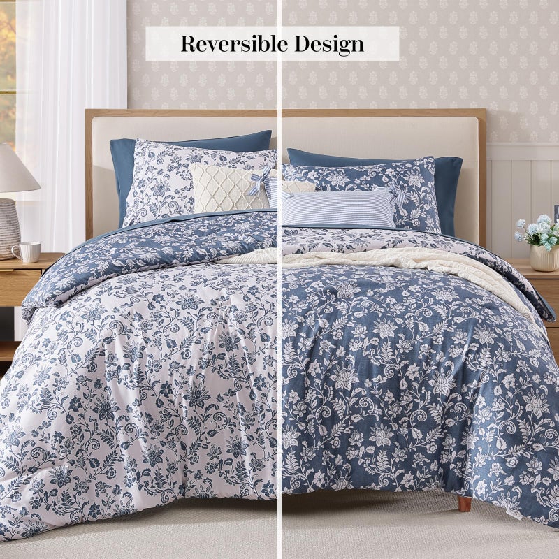 BLOOMHAVEN Queen Comforter Set -7 Pieces Floral Oxford Blue Comforter Set for All Seasons, Bed in a Bag Queen with Botanical Flowers Comforter, Sheets, Pillowcases & Shams - Image 3