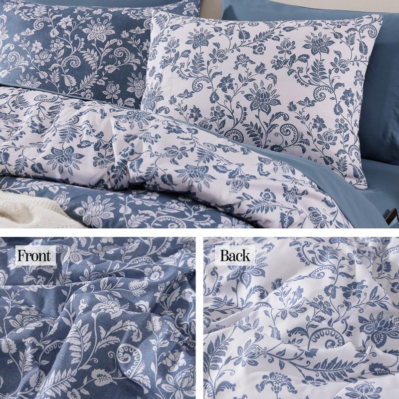 BLOOMHAVEN Queen Comforter Set -7 Pieces Floral Oxford Blue Comforter Set for All Seasons, Bed in a Bag Queen with Botanical Flowers Comforter, Sheets, Pillowcases & Shams - Image 5