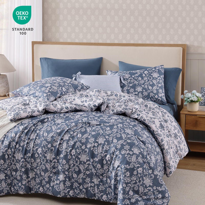 BLOOMHAVEN Queen Comforter Set -7 Pieces Floral Oxford Blue Comforter Set for All Seasons, Bed in a Bag Queen with Botanical Flowers Comforter, Sheets, Pillowcases & Shams - Image 2