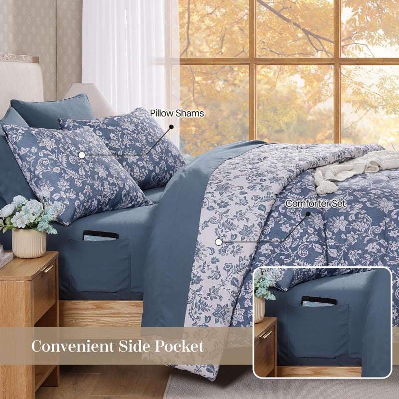 BLOOMHAVEN Queen Comforter Set -7 Pieces Floral Oxford Blue Comforter Set for All Seasons, Bed in a Bag Queen with Botanical Flowers Comforter, Sheets, Pillowcases & Shams - Image 4
