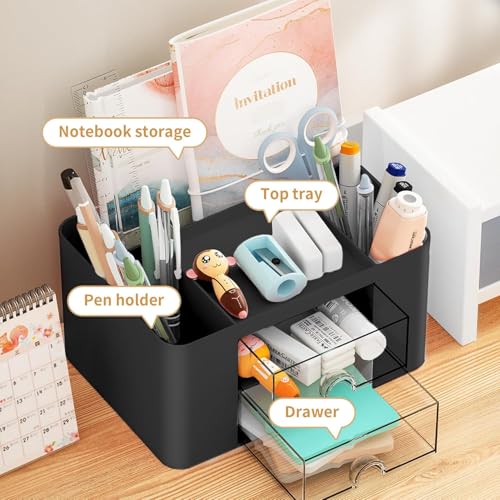 Shuttle Art Cute Desk Organizer with Drawer | Pen Stand for Study Table, Office Use | Storage Box for Stationery, Art Supplies, Sticky Notes | 5 Compartment Organizer for Home or School (Black) - Image 3