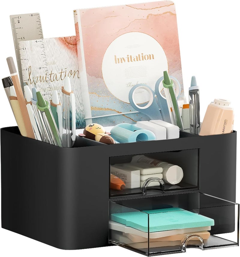 Shuttle Art Cute Desk Organizer with Drawer | Pen Stand for Study Table, Office Use | Storage Box for Stationery, Art Supplies, Sticky Notes | 5 Compartment Organizer for Home or School (Black) - Image 5