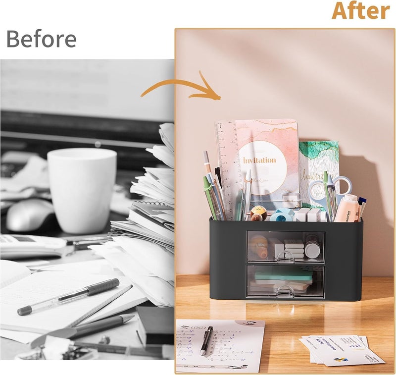 Shuttle Art Cute Desk Organizer with Drawer | Pen Stand for Study Table, Office Use | Storage Box for Stationery, Art Supplies, Sticky Notes | 5 Compartment Organizer for Home or School (Black) - Image 2
