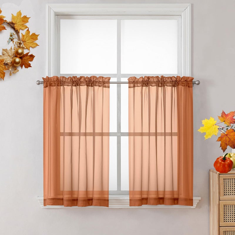 OVZME Orange Sheer Curtains 36 inches Long  Short Kitchen Window Treatment Solid Sheers Cafe Curtains Bathroom Voile Half Window Curtains 2 Panels  Rod Pocket  42"" Wx36 L - Image 1