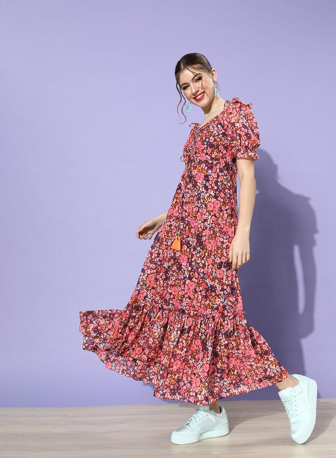 Miss Chase Ruched Floral Print Maxi Dress with Puffed Sleeves - Image 2