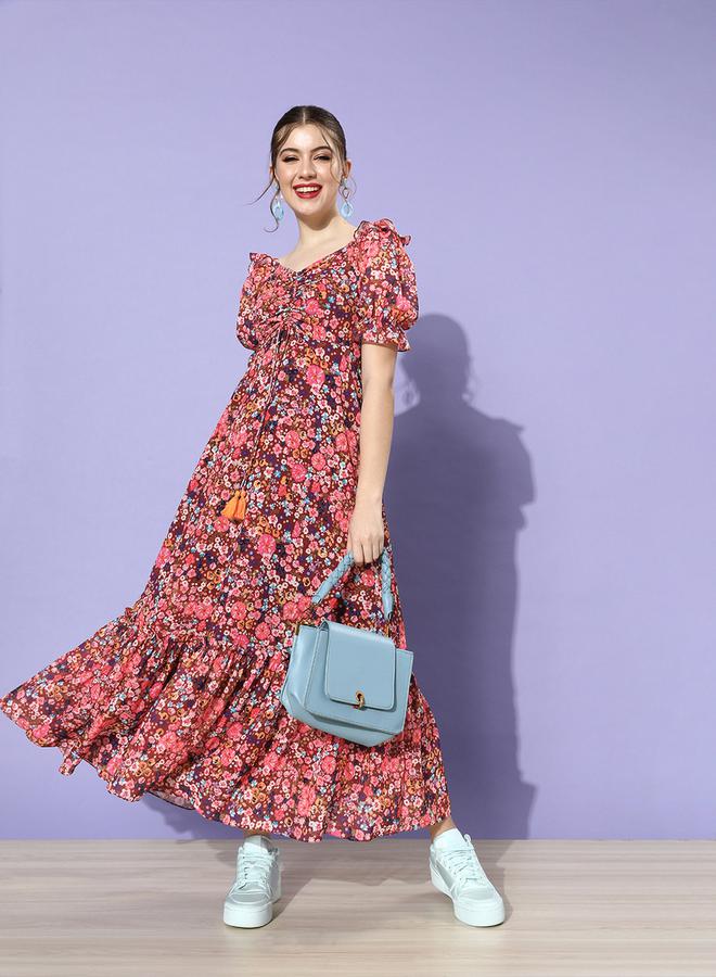 Miss Chase Ruched Floral Print Maxi Dress with Puffed Sleeves - Image 1