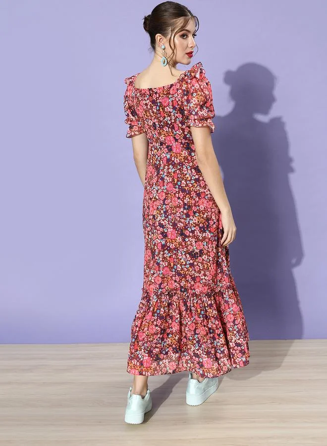 Miss Chase Ruched Floral Print Maxi Dress with Puffed Sleeves by Styli