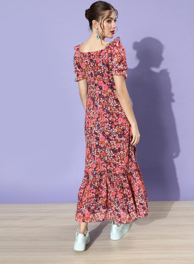 Miss Chase Ruched Floral Print Maxi Dress with Puffed Sleeves - Image 4