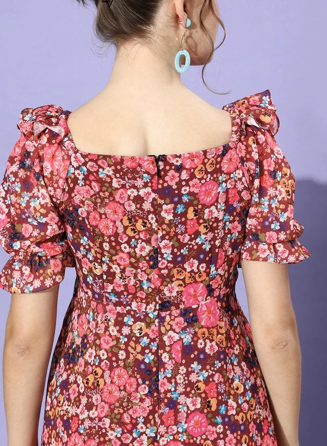 Miss Chase Ruched Floral Print Maxi Dress with Puffed Sleeves by Styli