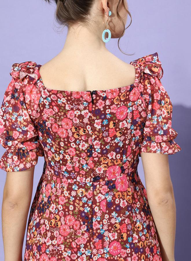 Miss Chase Ruched Floral Print Maxi Dress with Puffed Sleeves - Image 5