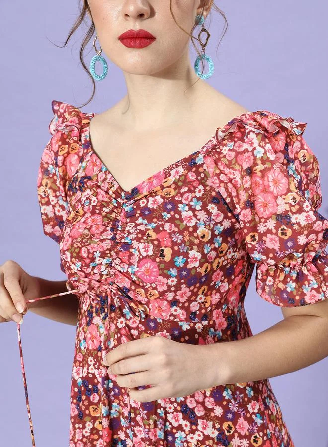 Miss Chase Ruched Floral Print Maxi Dress with Puffed Sleeves by Styli