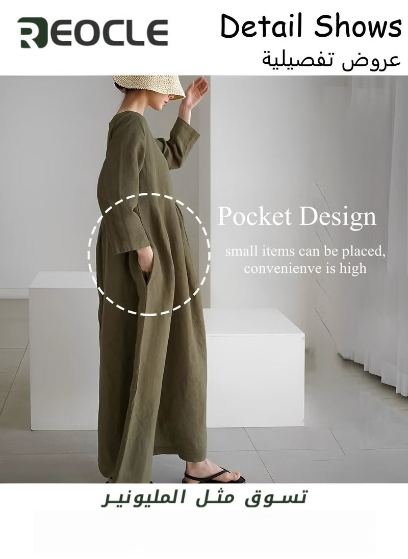 REOCLE Women's Plus Size Dress Solid Loose Long Maxi Dress Solid Color Cotton and Linen Round Neck Pullover Large Long Sleeve Dress Fall Dresses  - Image 2