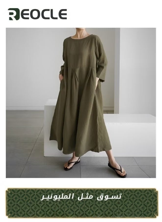 REOCLE Women's Plus Size Dress Solid Loose Long Maxi Dress Solid Color Cotton and Linen Round Neck Pullover Large Long Sleeve Dress Fall Dresses  - Image 1
