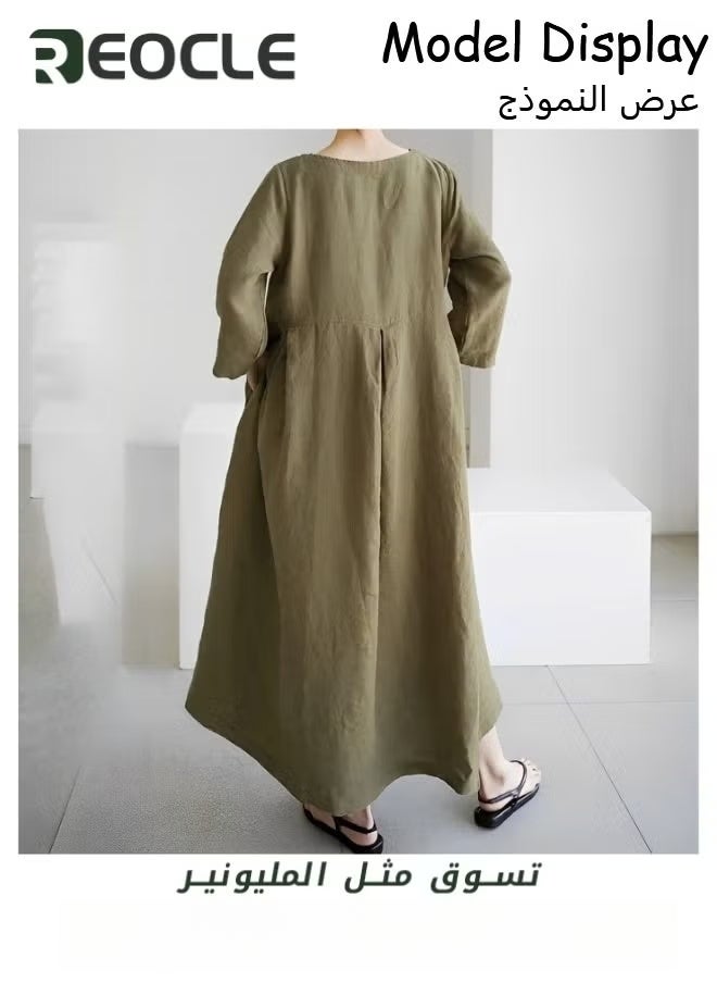REOCLE Women's Plus Size Dress Solid Loose Long Maxi Dress Solid Color Cotton and Linen Round Neck Pullover Large Long Sleeve Dress Fall Dresses  - Image 3