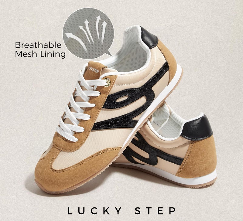 LUCKY STEP Women's Fashion Sneakers Thin Sole Lightweight Retro Athletic Sneakers Casual Lace Up Tennis Shoes Walking Footwear(Camel/Black,8) - Image 3
