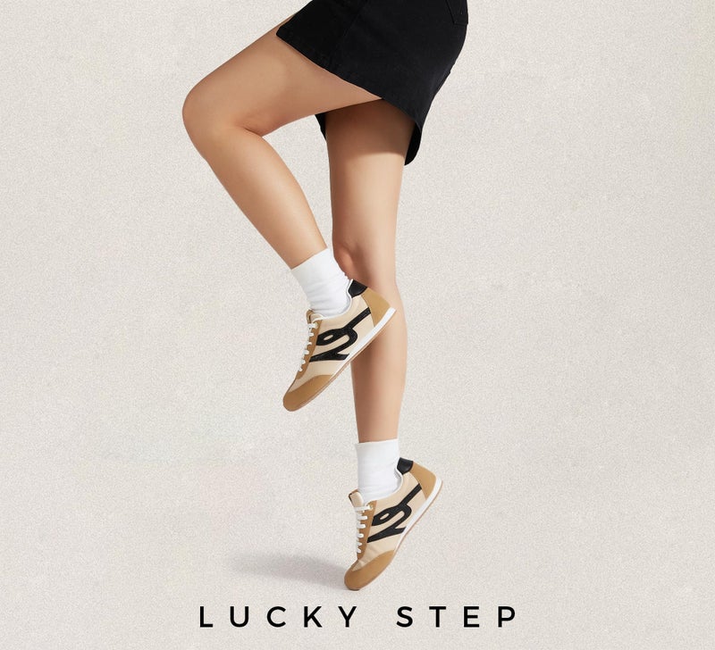 LUCKY STEP Women's Fashion Sneakers Thin Sole Lightweight Retro Athletic Sneakers Casual Lace Up Tennis Shoes Walking Footwear(Camel/Black,8) - Image 2
