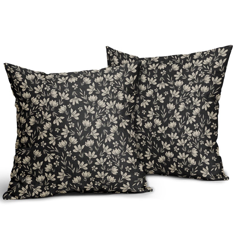 Aytipun Vintage Flower Pillow Covers 18x18 Set of 2 Rustic Cute Small Floral Black Brown Old Style Decorative Throw Pillows Outdoor PillowCase Farmhouse Linen Cushion Case Decor for Home Sofa Couch Bed - Image 2