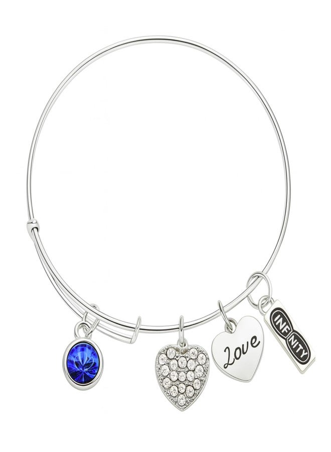 Infinity Collection September Birthstone Bangle Bracelet - Stainless Steel Adjustable Charm Bracelet with Sapphire Crystal, Heart & Love Charms, Gift for Women, Mom, Sister, Grandma - Image 1