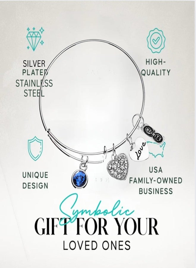 Infinity Collection September Birthstone Bangle Bracelet - Stainless Steel Adjustable Charm Bracelet with Sapphire Crystal, Heart & Love Charms, Gift for Women, Mom, Sister, Grandma - Image 3