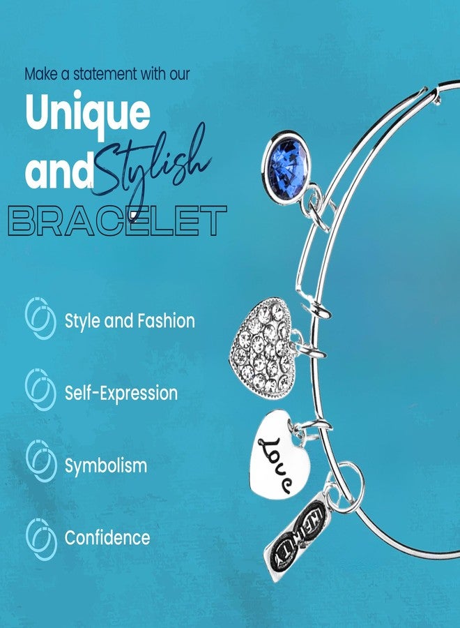 Infinity Collection September Birthstone Bangle Bracelet - Stainless Steel Adjustable Charm Bracelet with Sapphire Crystal, Heart & Love Charms, Gift for Women, Mom, Sister, Grandma - Image 4