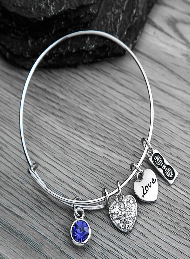 Infinity Collection September Birthstone Bangle Bracelet - Stainless Steel Adjustable Charm Bracelet with Sapphire Crystal, Heart & Love Charms, Gift for Women, Mom, Sister, Grandma - Image 2