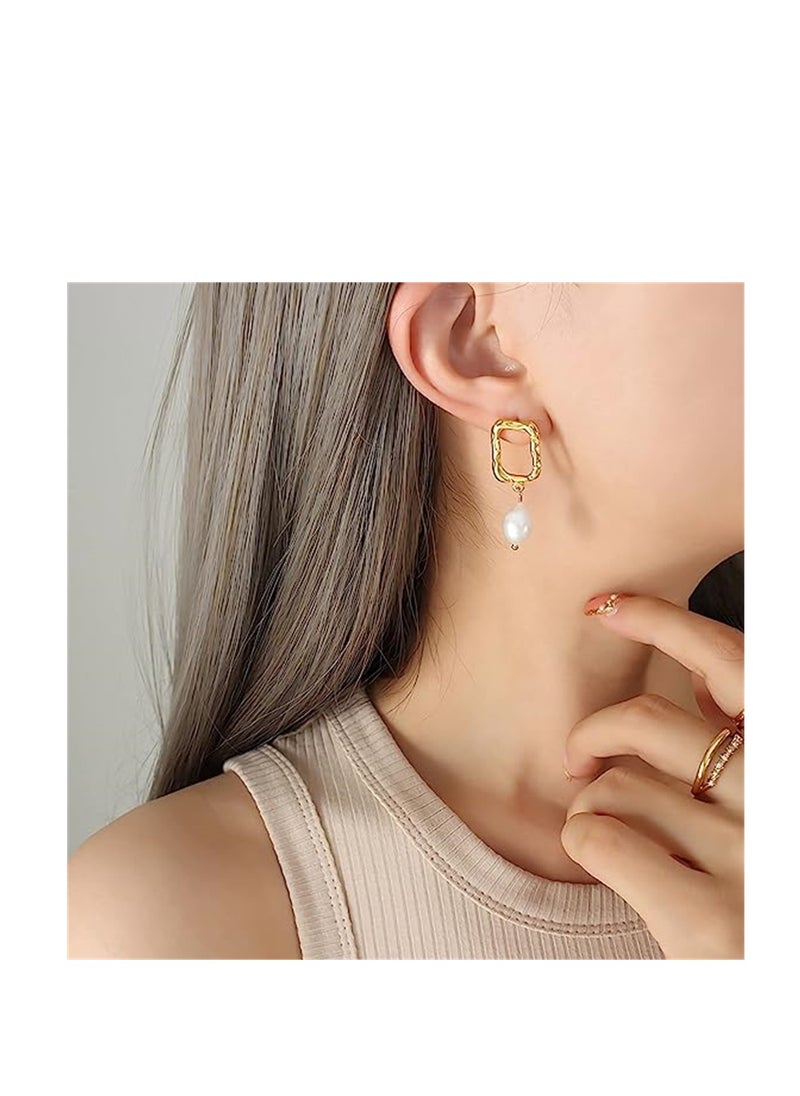 SYOSI - Drop Pearl Earrings, Rectangle Hoop 18K Gold Plated Pearl Teardrop Earrings, Elegant Drop Dangle Earrings, Real Freshwater Pearl Earrings, for Ladies and Girls - Image 1