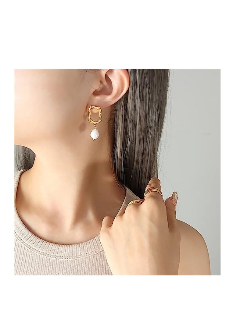 SYOSI - Drop Pearl Earrings, Rectangle Hoop 18K Gold Plated Pearl Teardrop Earrings, Elegant Drop Dangle Earrings, Real Freshwater Pearl Earrings, for Ladies and Girls - Image 1