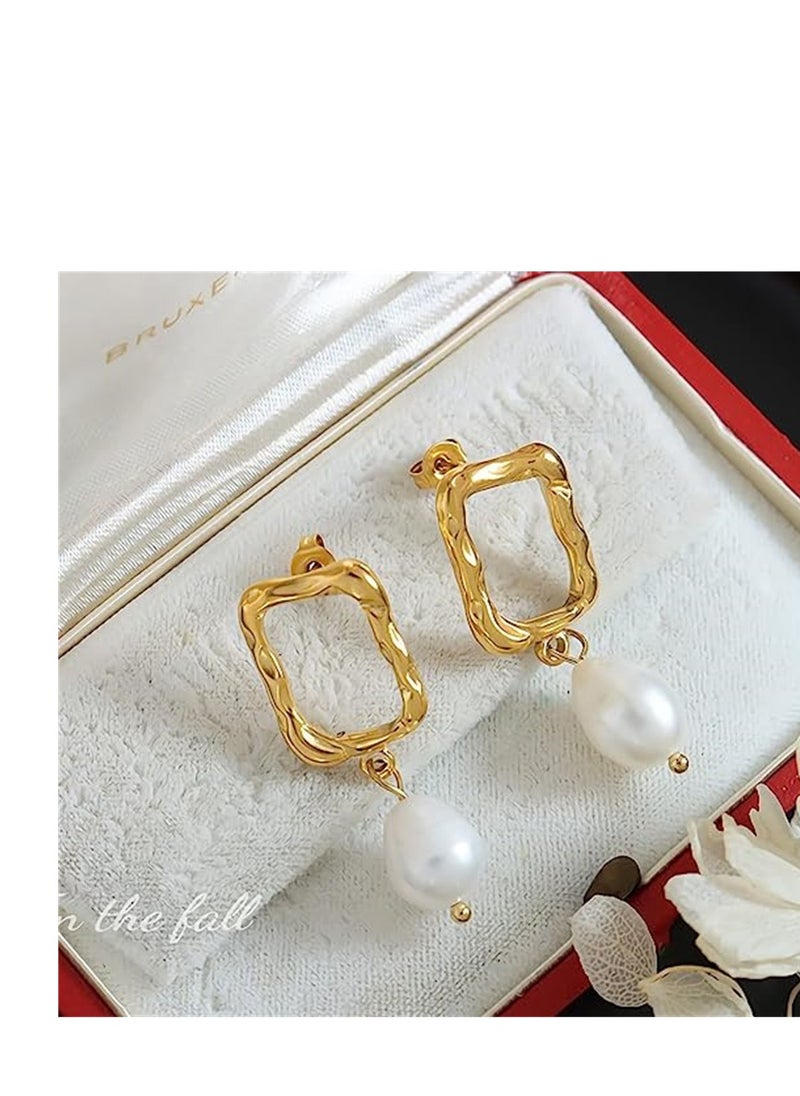 SYOSI - Drop Pearl Earrings, Rectangle Hoop 18K Gold Plated Pearl Teardrop Earrings, Elegant Drop Dangle Earrings, Real Freshwater Pearl Earrings, for Ladies and Girls - Image 1