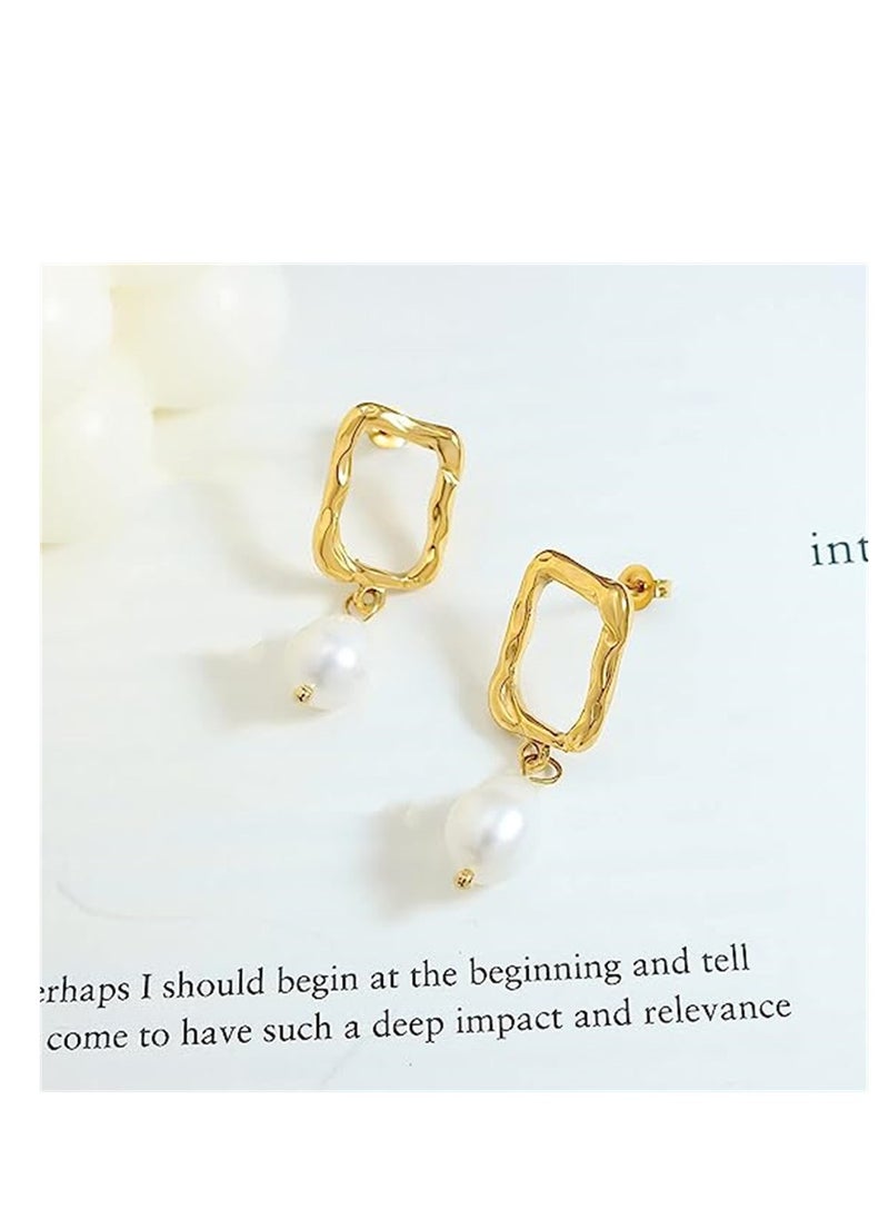 SYOSI - Drop Pearl Earrings, Rectangle Hoop 18K Gold Plated Pearl Teardrop Earrings, Elegant Drop Dangle Earrings, Real Freshwater Pearl Earrings, for Ladies and Girls - Image 1