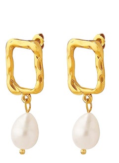 Drop Pearl Earrings, Rectangle Hoop 18K Gold Plated Pearl Teardrop Earrings, Elegant Drop Dangle Earrings, Real Freshwater Pearl Earrings, for Ladies and Girls