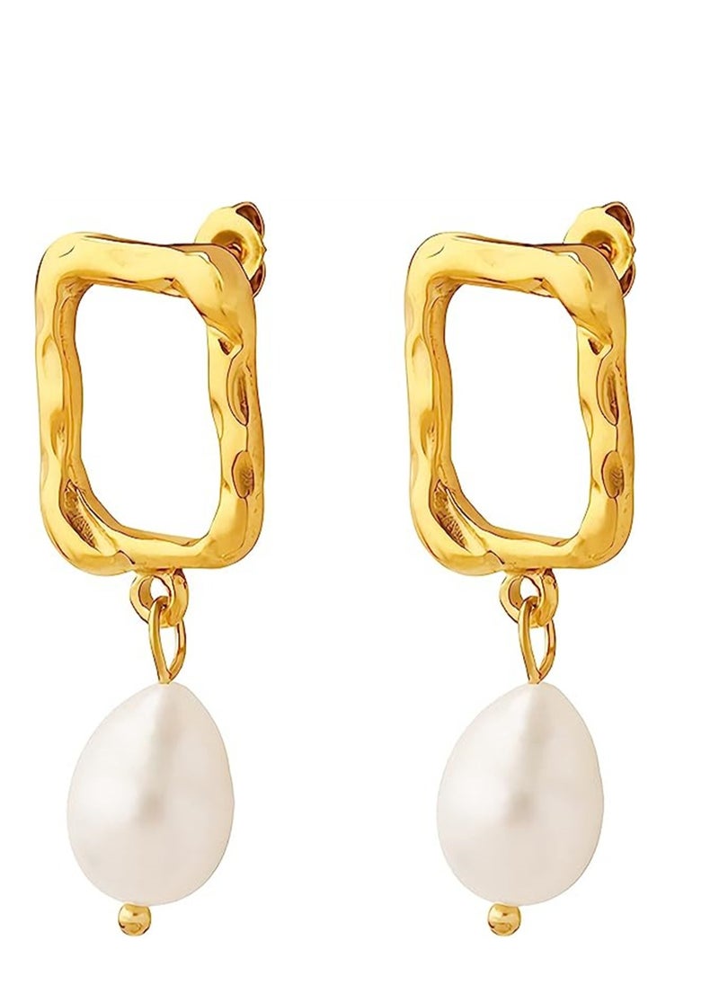 SYOSI - Drop Pearl Earrings, Rectangle Hoop 18K Gold Plated Pearl Teardrop Earrings, Elegant Drop Dangle Earrings, Real Freshwater Pearl Earrings, for Ladies and Girls - Image 1